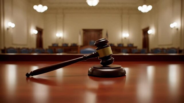 Gavel Rests on Table in Empty Courtroom on a Bright Day Ready for Justice to Be Served, With Flag of the United States in the Background