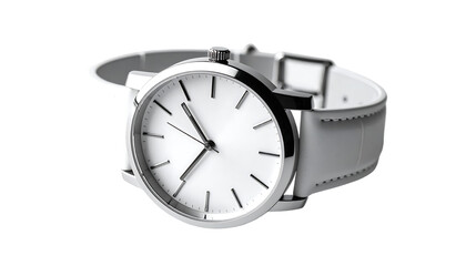 Minimalist white wristwatch with a simple silver bezel and a white leather strap, angled slightly to the left