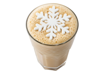 A warm, creamy beverage in a glass, adorned with a festive white snowflake design, is shown against a black background.