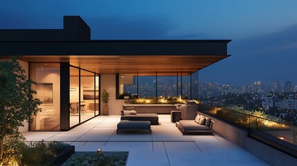 Obraz premium Modern luxury penthouse terrace with city skyline view at dusk
