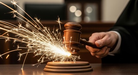 Judge striking gavel with dramatic sparks flying