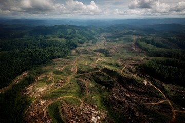 Deforestation area with tree trunks and stumps. Environmental destruction. Ecological problem. Global warming. Climate change. Biodiversity loss. Human impact on nature. Forest exploitation
