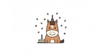 A cute cartoon horse wearing a party hat sits next to a birthday cake with a single candle, surrounded by confetti.
