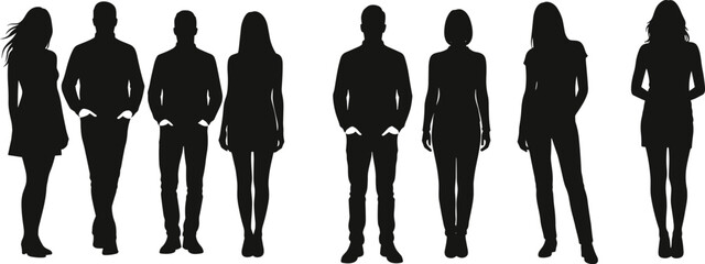 People silhouettes set, male and female figures, gender diversity icons, standing poses, business illustration, character design, identity artwork, human lineup