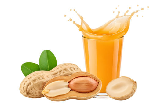A glass of vibrant orange juice splashes next to a split peanut and whole peanuts, highlighted against a dark background.