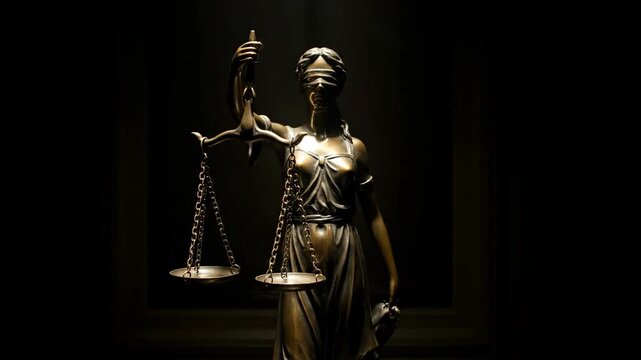Lady Justice Statue Holding Scales in Late Evening, Symbol of Law and Fairness, Detailed Bronze Sculpture