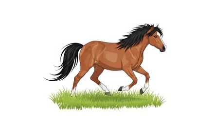 A brown horse with a black mane and tail gallops across a grassy field.