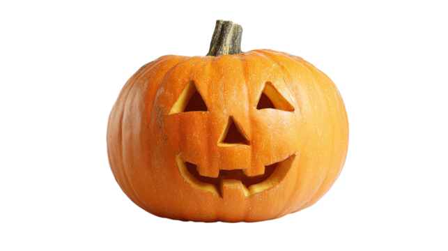 Classic jack-o-lantern pumpkin carved with triangular eyes isolated on transparent background 
