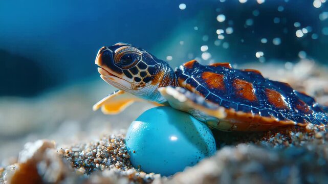 Baby sea turtle emerging from its egg on sandy ocean floor, water droplets splashing in dynamic motion