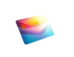 A vibrant, stylized credit card illustration with a colorful, wavy, abstract design and a subtly textured surface, featuring a recessed chip