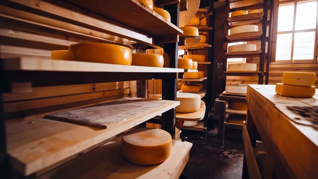 Cheese aging process in a storage room with wooden shelves, gourmet food production