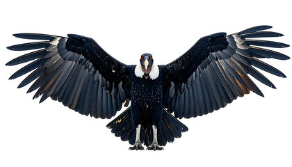 Majestic Andean condor with wings outstretched, showcasing its powerful build and intense gaze against a black background