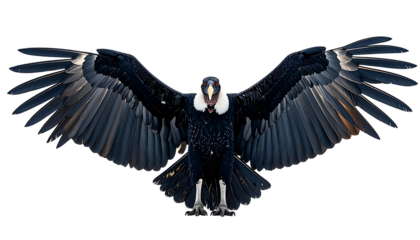 Majestic Andean condor with wings outstretched, showcasing its powerful build and intense gaze against a black background
