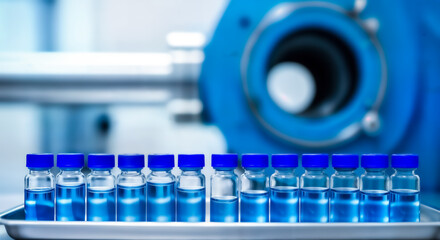 vials filled with blue liquid for scientific research in a laboratory setting. The image conveys medical analysis, pharmaceutical industry and healthcare research. Test samples are on display