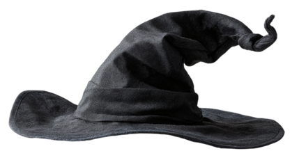 Classic witch hat with wide brim and bent tip, detailed Halloween accessory, isolated on transparent background 