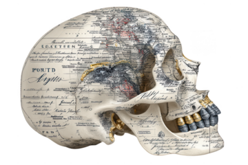 Human skull adorned with antique maps and calligraphy isolated on transparent background
