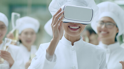 A group of chefs in white uniforms using virtual reality headsets in a kitchen setting