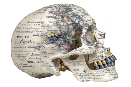 Human skull adorned with antique maps and calligraphy isolated on transparent background - Powered by Adobe
