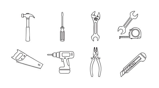 Collection of hand tools and power tools in a simple outline silhouette