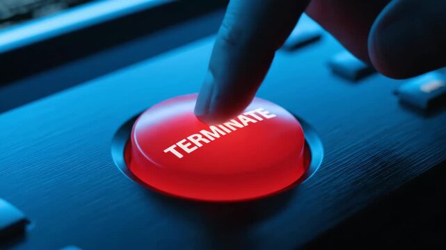 Finger About to Press Red Terminate Button on Control Panel in Studio Lighting