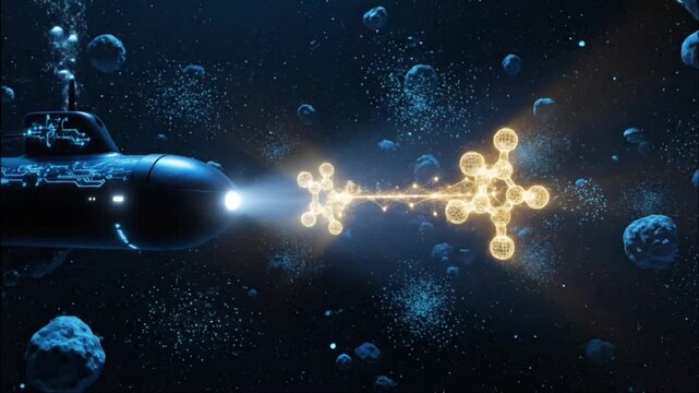 A futuristic AI submarine discovering a data correlation in a digital abyss