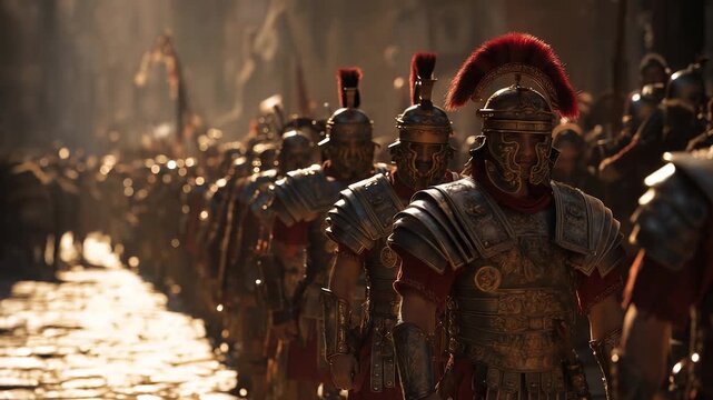 Warriors of Rome, warriors in armor, warriors in helmets. Soldiers marching, soldiers advancing, soldiers united. The ancient empire breathes through these legionaries and their military might.