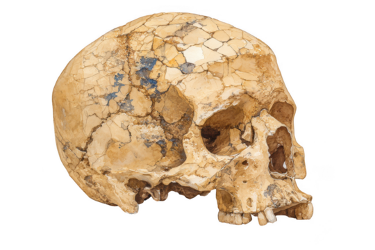 Ancient human skull fragment showing cracks and blue pigmentation isolated on transparent background