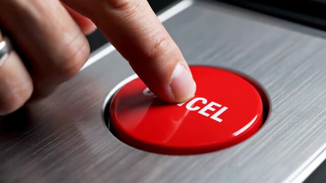 Finger Presses a Bright Red 'Cancel' Button on Brushed Metal Surface in a Close-Up Shot, Showing a Decisive Action