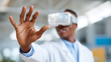 A scientist wearing a virtual reality headset interacts with a digital interface using hand gestures in a laboratory setting.
