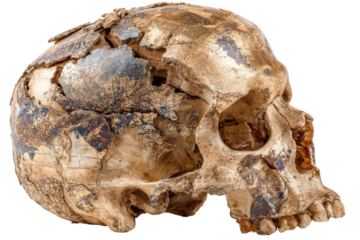 Ancient human skull fragment with intricate blue and gold markings isolated on transparent background
