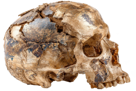 Ancient human skull fragment with intricate blue and gold markings isolated on transparent background