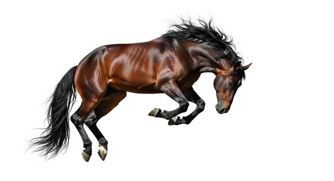 A powerful brown horse with a dark mane and tail leaps gracefully against a stark white background.