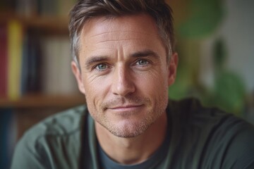 Fototapeta premium Close-up portrait of a man with a calm and thoughtful expression, featuring a neutral color palette and a softly focused background.