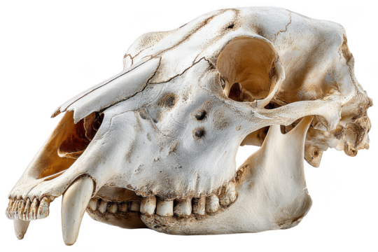 Detailed close up of a white animal skull with prominent teeth isolated on transparent background