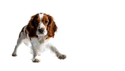 A charming, young, red-and-white spaniel sits, gazing intently at the viewer against a stark black background; its fur is long and slightly wavy