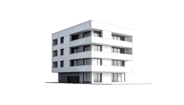 A sleek, modern white apartment building with recessed balconies, multiple floors, and a ground-floor garage