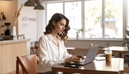 Focused young professional woman diligently working on her laptop in a modern, sunlit coffee shop, enjoying a productive remote work session with a refreshing beverage