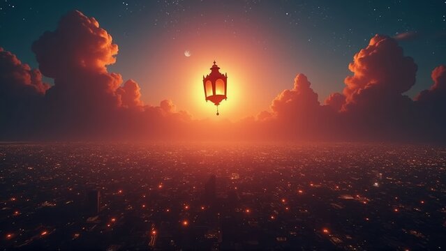 Floating Lantern Over Cityscape