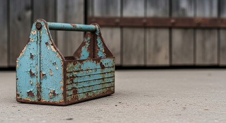 Rusty blue toolbox resting on a concrete surface by wooden wall  