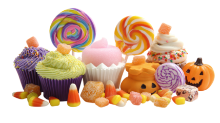 Collection of Halloween candies and treats in playful shapes with cupcakes and lollipops isolated on transparent background 