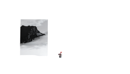 A grayscale mountain landscape image, seemingly digitally framed, juxtaposed with a small, pixelated figure, possibly a game character, to its right, implying scale and contrast
