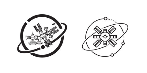 Minimal black and white space station icon with orbit rings, great for astronomy, space travel, and futuristic science themes.

