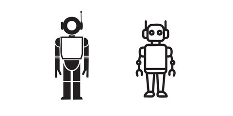 Black and white humanoid robot assistant icon in minimal style, ideal for AI, robotics, and automation concepts.
