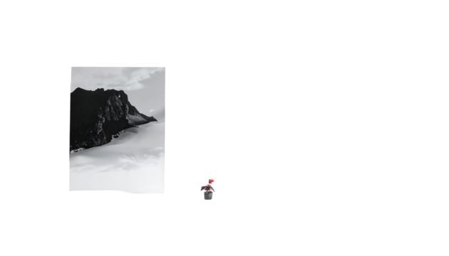 A grayscale mountain landscape image, seemingly digitally framed, juxtaposed with a small, pixelated figure, possibly a game character, to its right, implying scale and contrast