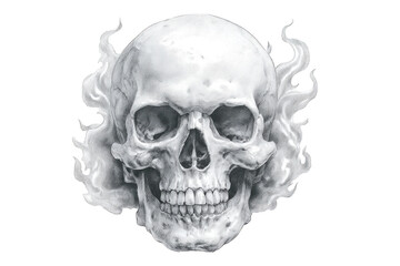 Detailed pencil sketch of a human skull with wisps of smoke isolated on transparent background