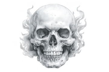 Detailed pencil sketch of a human skull with wisps of smoke isolated on transparent background