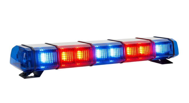 A flashing police light bar signals urgency and authority in the night its vibrant red and blue hues cutting through a