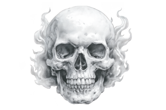 Detailed pencil sketch of a human skull with wisps of smoke isolated on transparent background