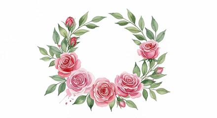 Watercolor Floral Wreath with Pink Roses and Green Leaves