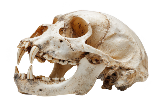 Detailed close up of a feline skull with prominent canines isolated on transparent background